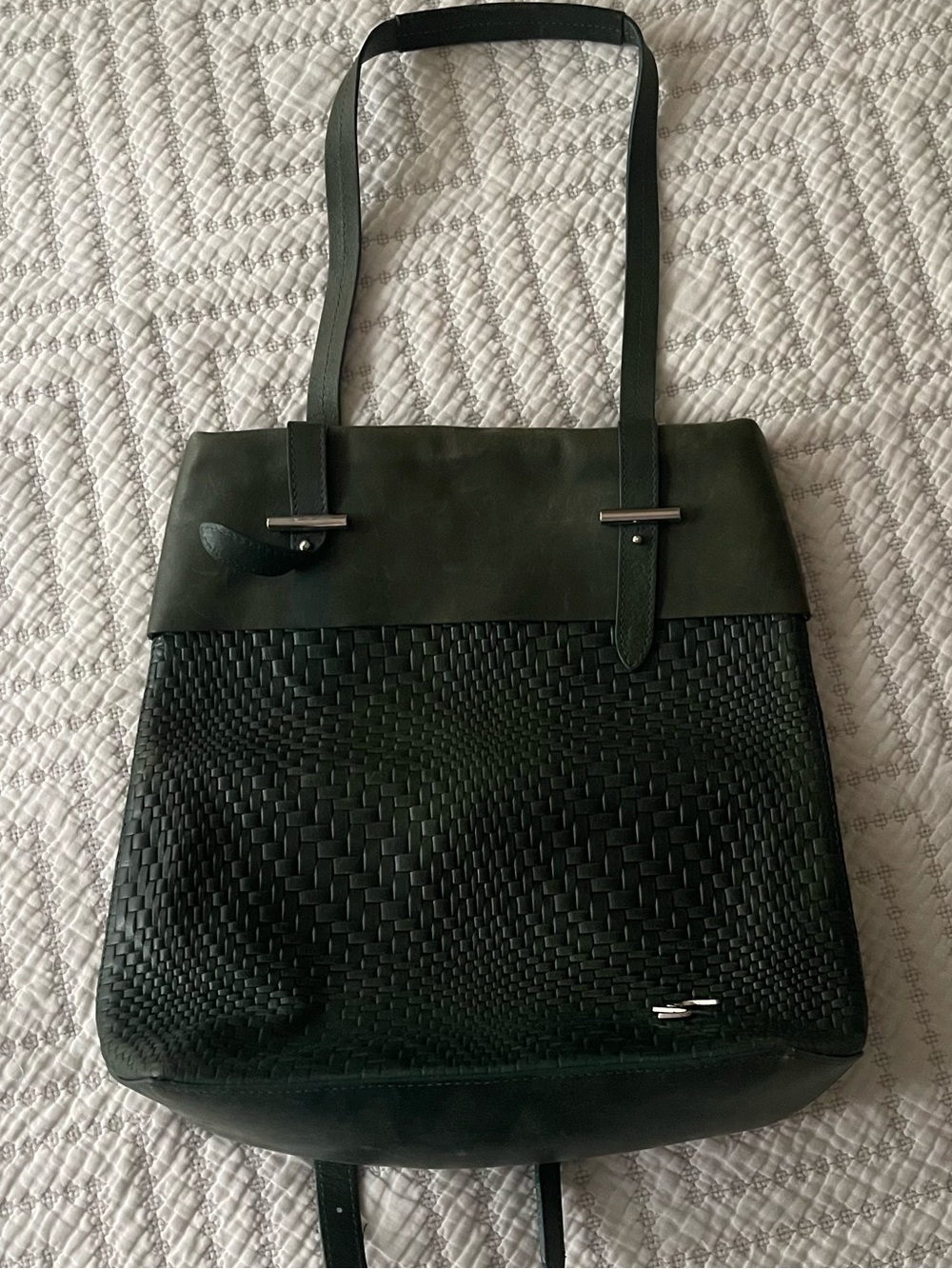 Velez Genuine Leather Dark Green Woven Convertible Bag Backpack